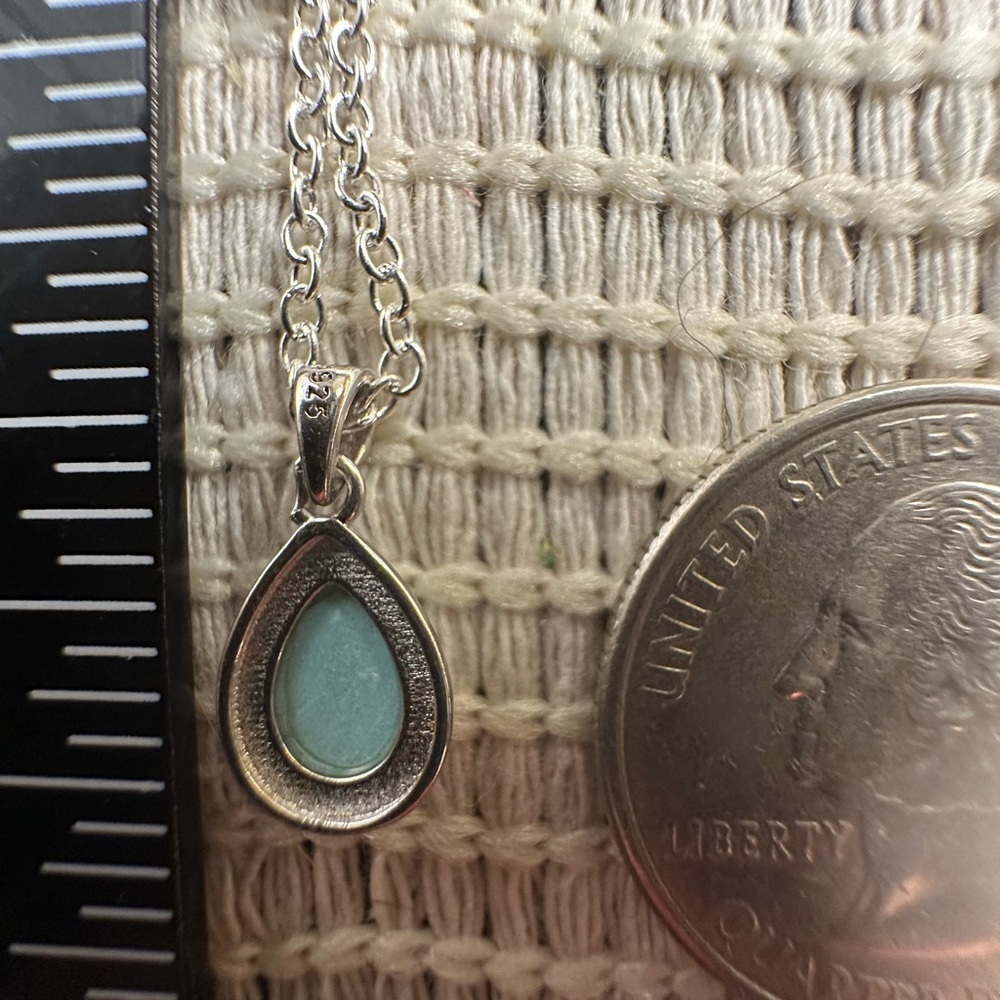 Small, Dainty Silver Turquoise Teardrop Pendant Necklace on Box Chain - Picture 14 of 14